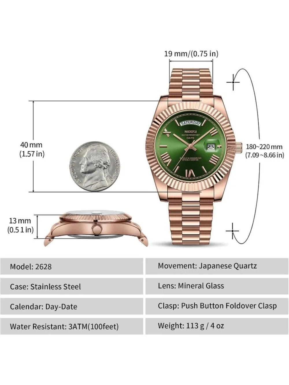 Nibosi Men's Rose Green Analog Quartz Stainless Waterproof Desiger Wrist Watch